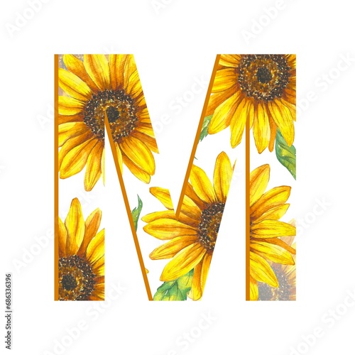 Floral alphabet set - letter M. Alphabet letters cut from a pattern with sunflowers. Wedding, birthday, children's party, any creative ideas.