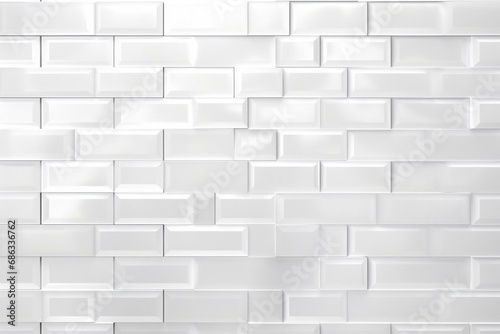 Rectangular wall made of glossy mosaic tiles with stacked white bricks forming a 3D background. Generative AI