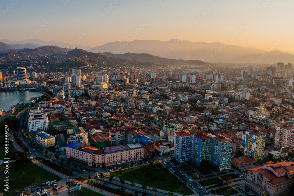 Obraz premium Evening sunset at Batumi City, Georgia, drone aerial view