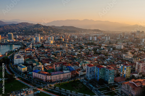 Evening sunset at Batumi City, Georgia, drone aerial view photo