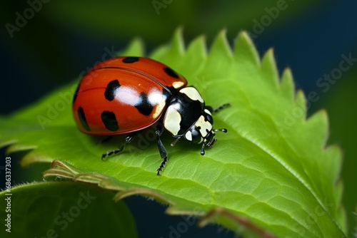 Close-up of a vibrant ladybug on a sunny spring leaf. Generative AI © Natalya