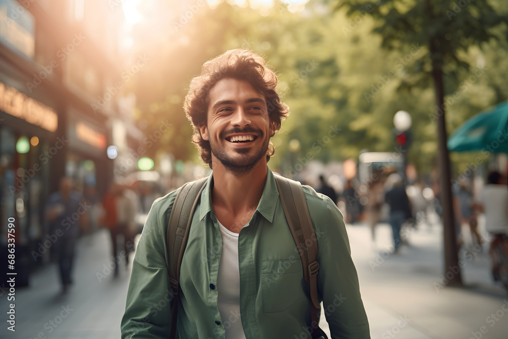 cheerful young, smiling man walking during the day in a beautiful green modern city