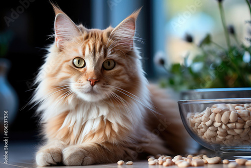 Cute cat is sitting near a plate of dry food at home
