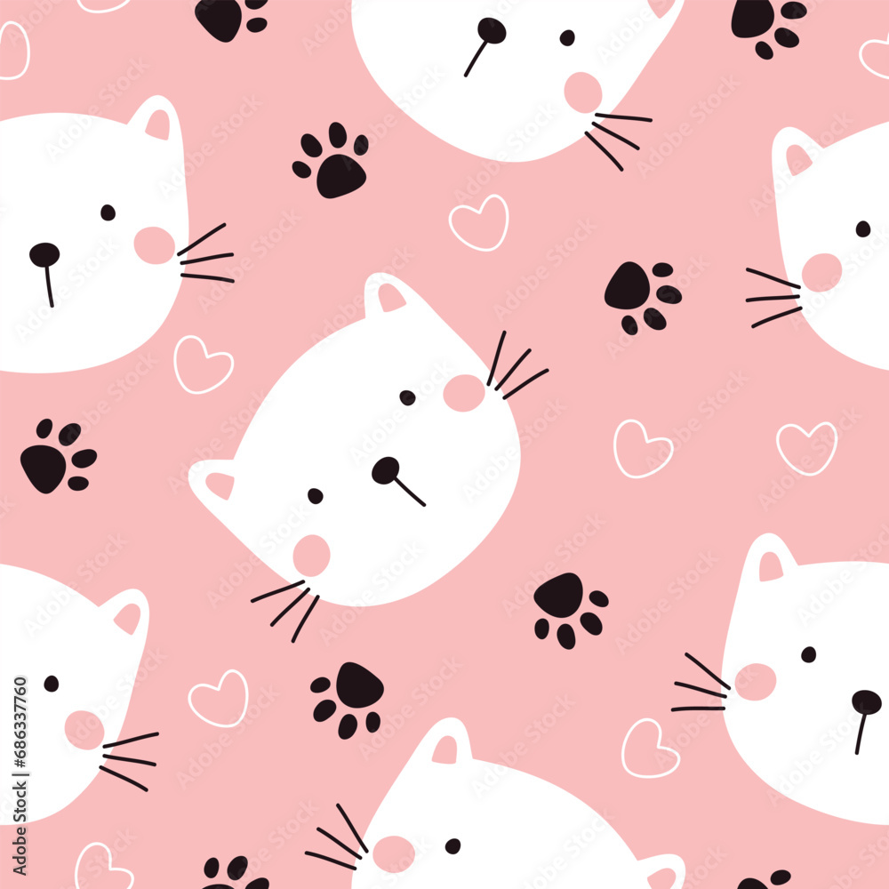 Seamless pattern with cute cat, paw prints and hearts. Vector illustration on pink background. It can be used for wallpapers, wrapping, cards, patterns for clothes and other.