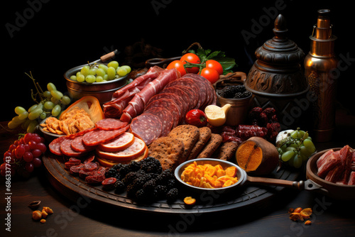 Various meat charcuterie on a wooden platter on the table