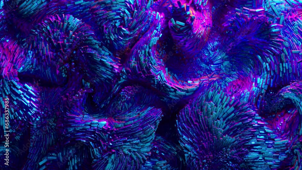 3d render of abstract art video animation 3d background with surreal motion moving festive wavy party balls sphere particles liquid substance in blue purple gradient color