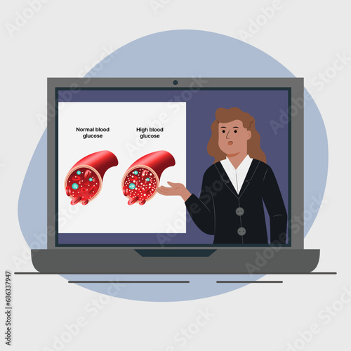 Vector illustration of a girl teacher. Online lesson about diabetes.