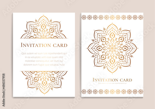 Gold and white luxury invitation card design with vector mandala pattern. Vintage ornament template. Can be used for background and wallpaper. Elegant and classic vector elements great for decoration.