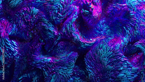 3d render of abstract art video animation 3d background with surreal motion moving festive wavy party balls sphere particles liquid substance in blue purple gradient color