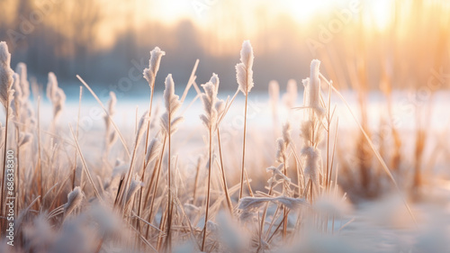 Common reed grass, Phragmites australis, in winter landscape against bright sunlight.