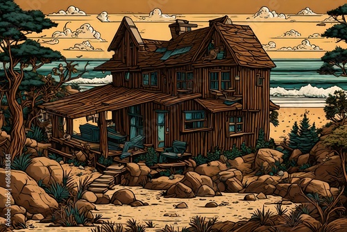 Comics, in the style of Calvin and Hobbes, a playful depiction of a quirky brown house on a sandy seashore, surrounded by whimsical rocks and animated trees photo