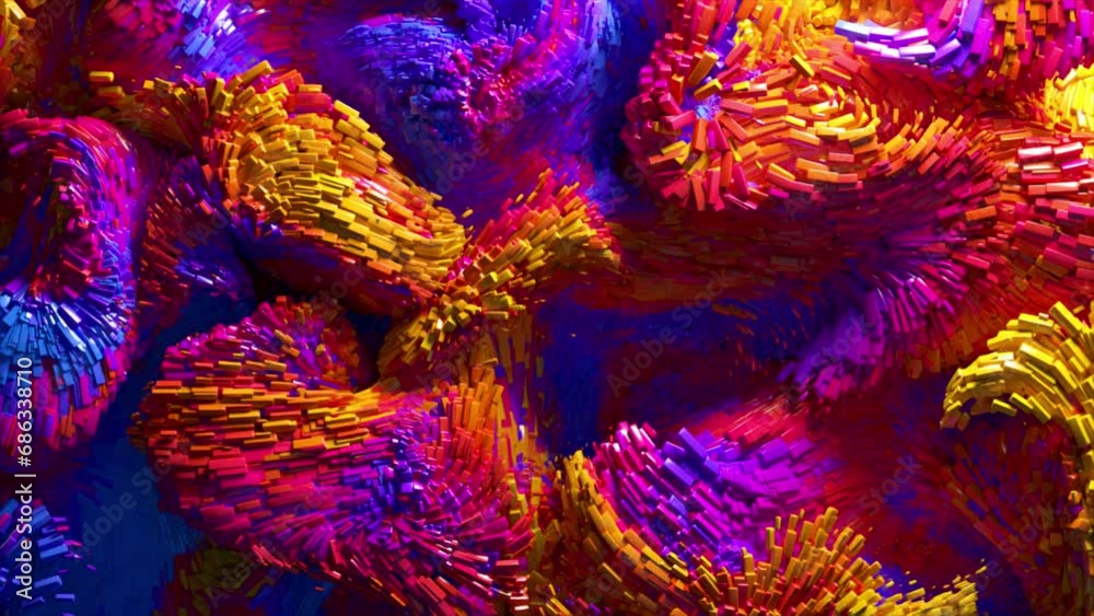 3d render of abstract art video animation 3d background with surreal motion moving festive wavy party balls sphere particles liquid substance in red yellow purple gradient color