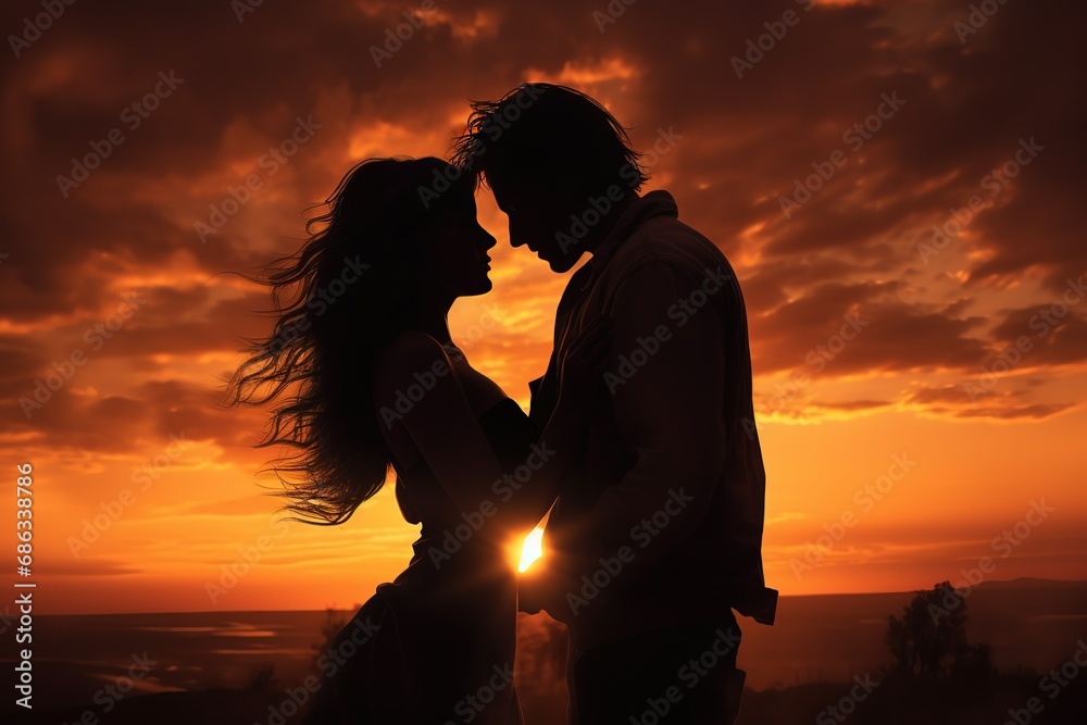 silhouette of a couple kissing on the beach