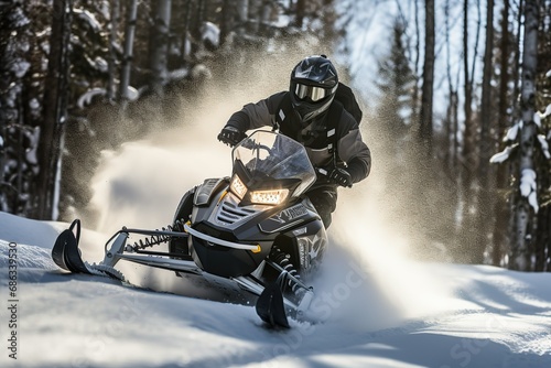 A man rides a snowmobile