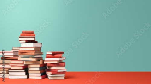 Stack of books on blue background. Education, study and learning theme