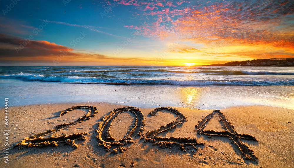 New year, 2024 written in sand on a beach during soft sunset. - obrazy, fototapety, plakaty 