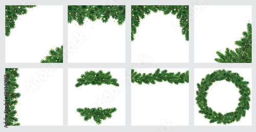 Christmas tree decoration on transparent background, vector. Square format for social media posts. Holiday fir tree garland, winter frame with golden confetti. Christmas wreath, realistic branches.