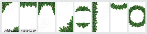 Christmas tree decoration on transparent background, vector. Vertical format for social media, standard screen size. Holiday fir tree garland, winter frame. Christmas wreath, realistic branches.