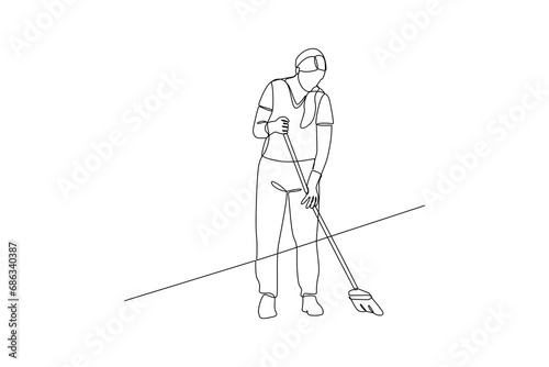 Young mom clean home garden. Mutual cooperation and team work minimalist concept. 
Black and white vector illustration, vector, team work