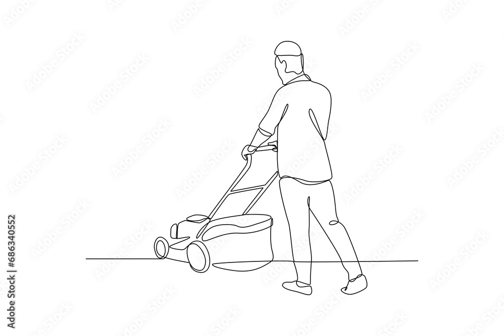Garden machine cleaning. Mutual cooperation and team work minimalist concept. 
Black and white vector illustration, vector, team work