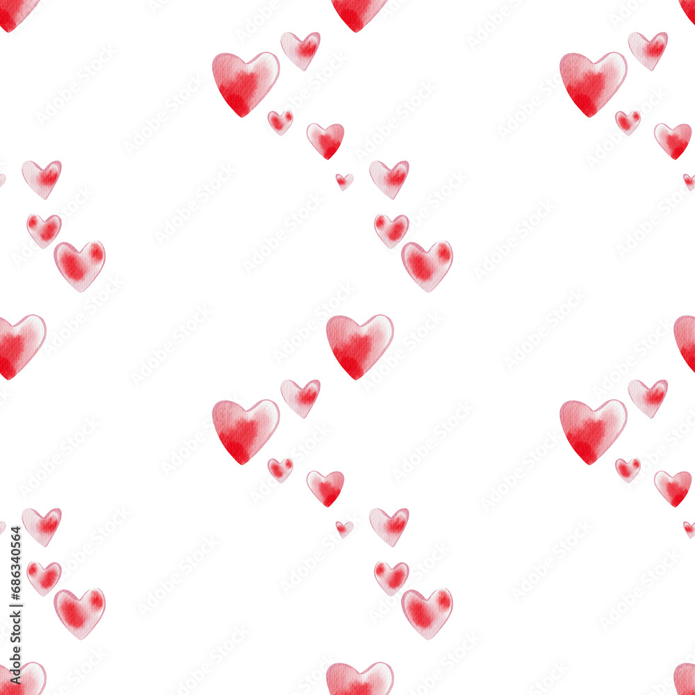 Simple romantic pattern with red and pink hearts on the white background, fabric, paper. Digital watercolor illustration
