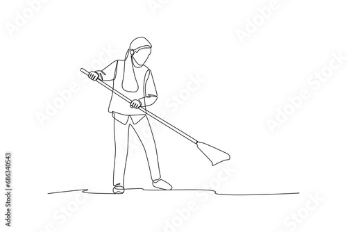 Young mom clean home garden. Mutual cooperation and team work minimalist concept. 
Black and white vector illustration, vector, team work
