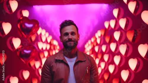 Handsome, confident man with a beard in a leather jacket standing in a hallway made of many glowing hearts, in the spirit of Valentine's Day