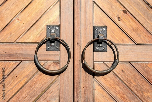 Obraz na plátně a pair of metal rings on a wooden door handle on a wooden door with a wooden pla