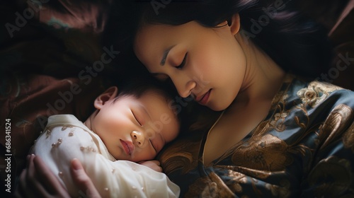 Young asian mom happy sleeping with newborn baby on bed at home photo