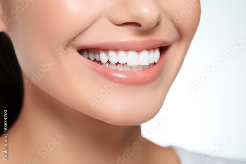 Healthy perfect teeth, young woman smiling. Teeth whitening. Isolated white background