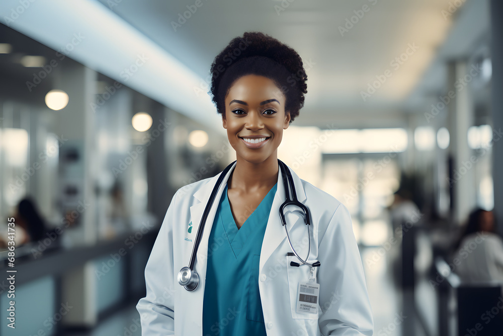A female model in a hospital dressed as a doctor A female model in a hospital dressed as a doctor
