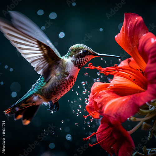 Fotografia con detalle de colibri en vuelo al lado de una flor de tonos rojos, con gotas de frescor