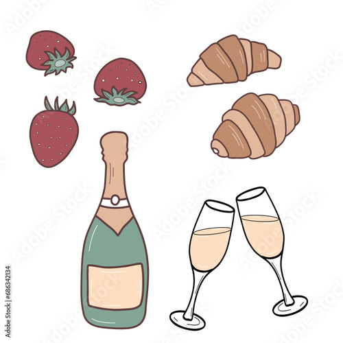 Champagne bottle, two glasses with bubbly, croissants and strawberries. French breakfast food. Vector illustration in cartoon style