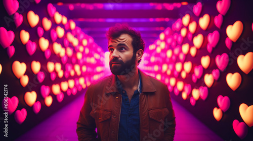 Handsome, confident man with a beard in a leather jacket standing in a hallway made of many glowing hearts, in the spirit of Valentine's Day