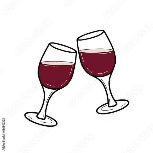 Two red wine glasses. Vector flat hand drawn illustration, colored. Alcohol beverage glassware doodle.