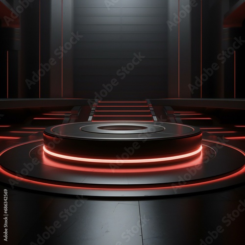 a podium with red lights in a dark room