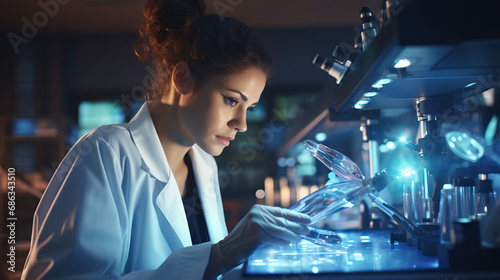 Portrait of a medical researcher working on groundbreaking innovations, with a lab setting and modern medical tools. Concept of Cutting-Edge Medical Research, Scientific Breakthroughs in Healthcare.