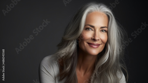 Beautiful aged mature woman with healthy face skin, grey hair and happy smile on dark black background. Three quarter portrait. Skin care, natural beauty, cosmetology concept.