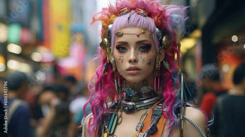 Individuals posing in colorful and avant-garde Harajuku fashion on the streets of Tokyo. Concept of Unique and Bold Street Style. © Lila Patel