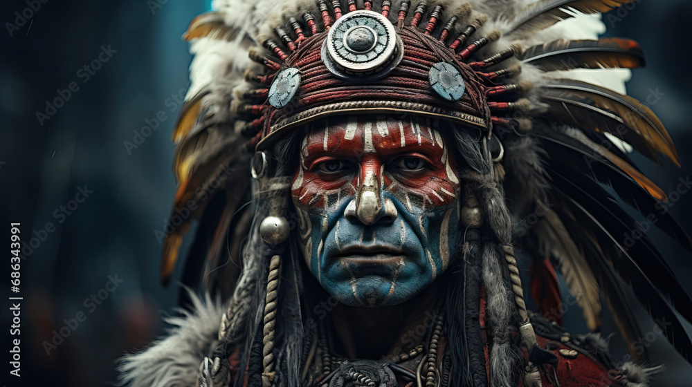 Photo of a shaman or spiritual leader posing in traditional ceremonial attire. Concept of Cultural and Spiritual Leadership, Shamanic Tradition and Rituals.