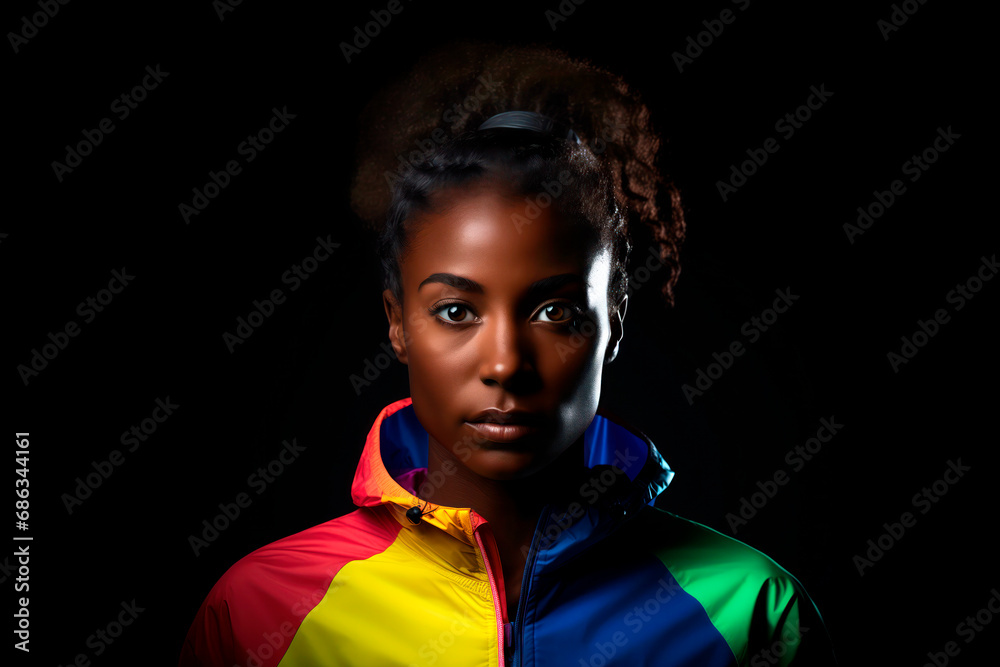 Athletic Black Woman in Stylish Sportswear Poses Against a Sleek Black Background. black woman wearing sportswear. Black athlete on black background