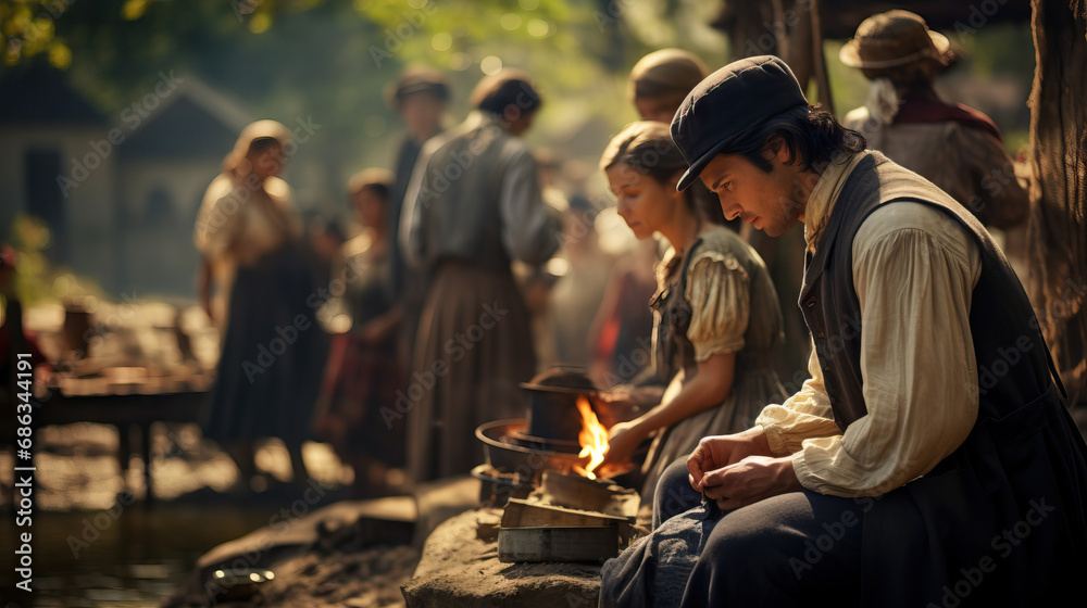 historical reenactment event with participants dressed in period costumes and engaging in traditional activities. Concept of Living History. historical reenactment event with participants dressed in period costumes and engaging in traditional activities. Concept of Living History.
