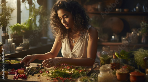 Photo of a holistic nutritionist conducting a cooking class, using exotic superfoods and herbs. Concept of Nutritional Education through Cooking, Holistic Cooking Class, Utilizing Superfoods.