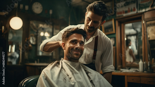 Barber and client in a vintage barber shop, capturing classic grooming poses. Concept of grooming, vintage styling, masculine grooming rituals, classic haircuts.