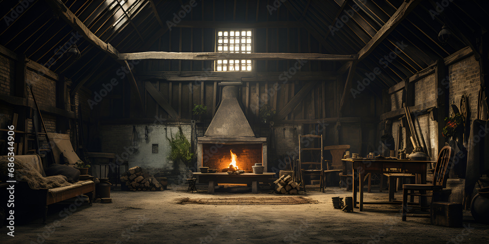 Old wooden house in the dark with a burning fireplace in the background 