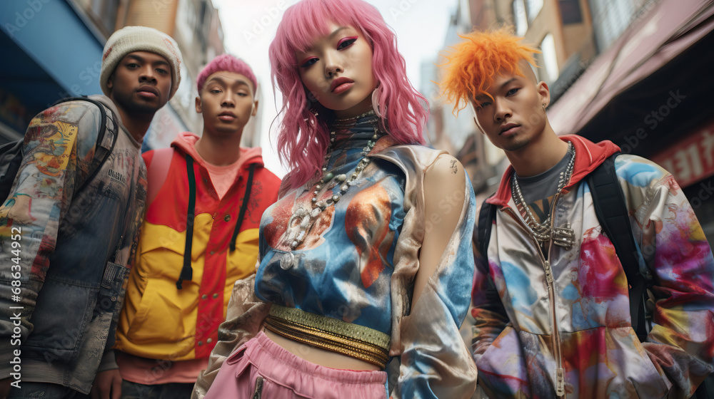 Individuals posing in vibrant and unconventional street fashion, representing alternative subcultures. Pink hair. 