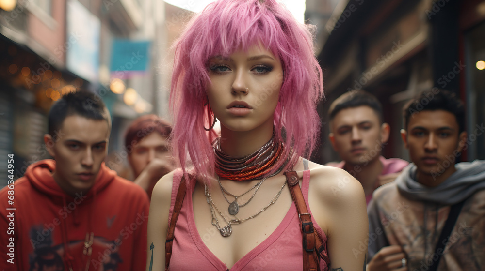 Obraz premium Individuals posing in vibrant and unconventional street fashion, representing alternative subcultures. Pink hair.