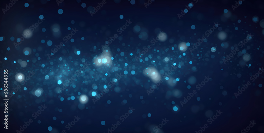 Dark blue bokeh background with sparkling star dust particles in motion, contemporary glitter opulent golden sparkles. Blurred, defocused, abstract background for Christmas.