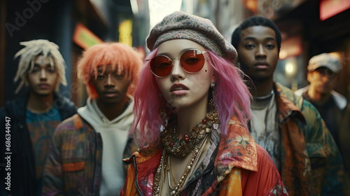 Individuals posing in vibrant and unconventional street fashion, representing alternative subcultures. Pink hair. 