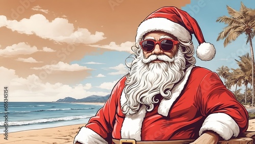 Santa Claus on the beach, illustration, generative AI